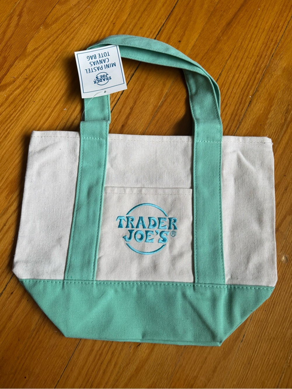 NWT Trader Joes Spring Mint Green Mini Canvas Tote Bag - Picture 2 of 2